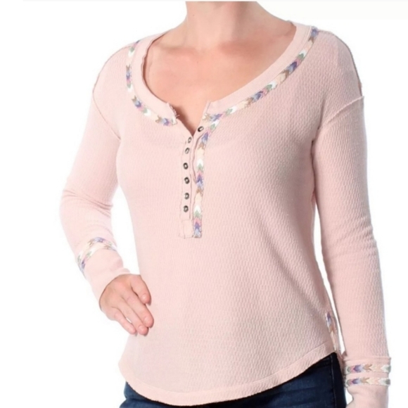 Nwt FREE PEOPLE Rainbow Thermal Henley Top | Pink | Size- XS - Picture 2 of 12
